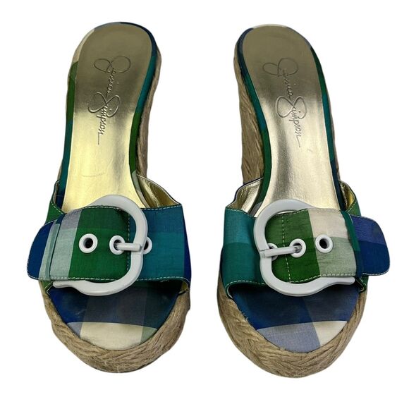 JESSICA SIMPSON Wedge Heels Pink Blue Green Plaid Buckle Open Toe GALVIN Sz 6 B - Picture 3 of 12